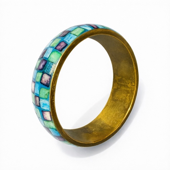 Vintage Mosaic Inlaid Brass Bangle Bracelet 8” Turquoise Blue Green Purple Tile - Picture 3 of 5